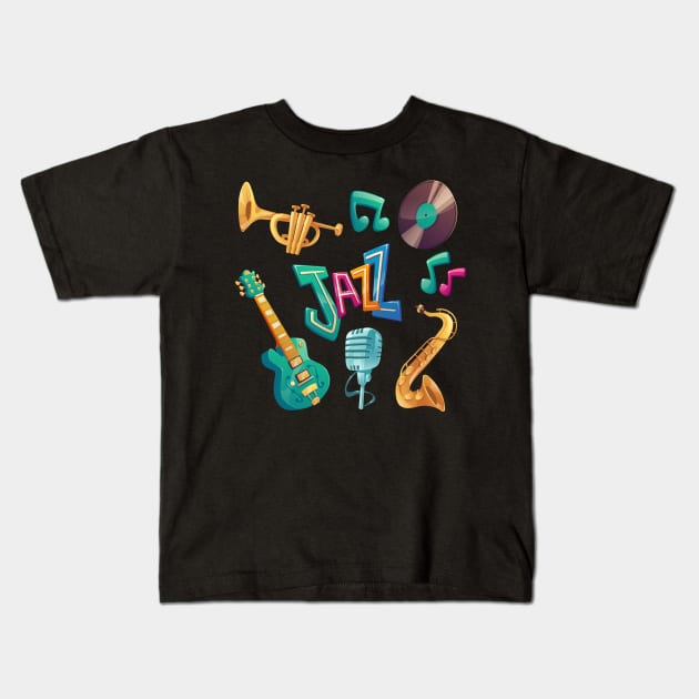 Jazz Day Illustration Instruments Kids T-Shirt by Mako Design 